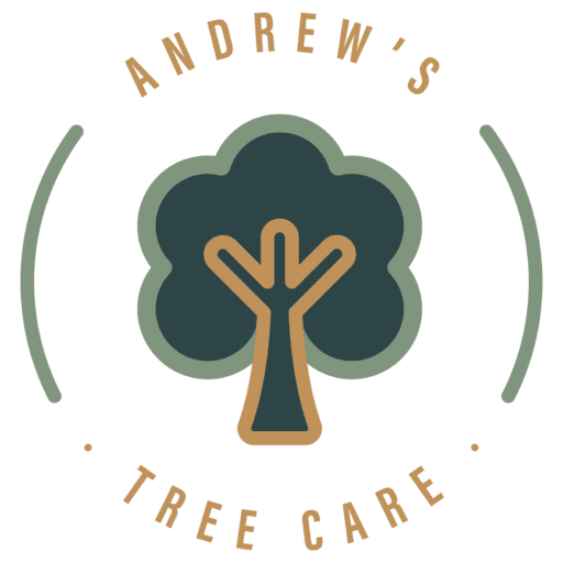 Logo for Andrew's Tree Care featuring a stylized tree illustration surrounded by the business name in a circular layout on a green background.